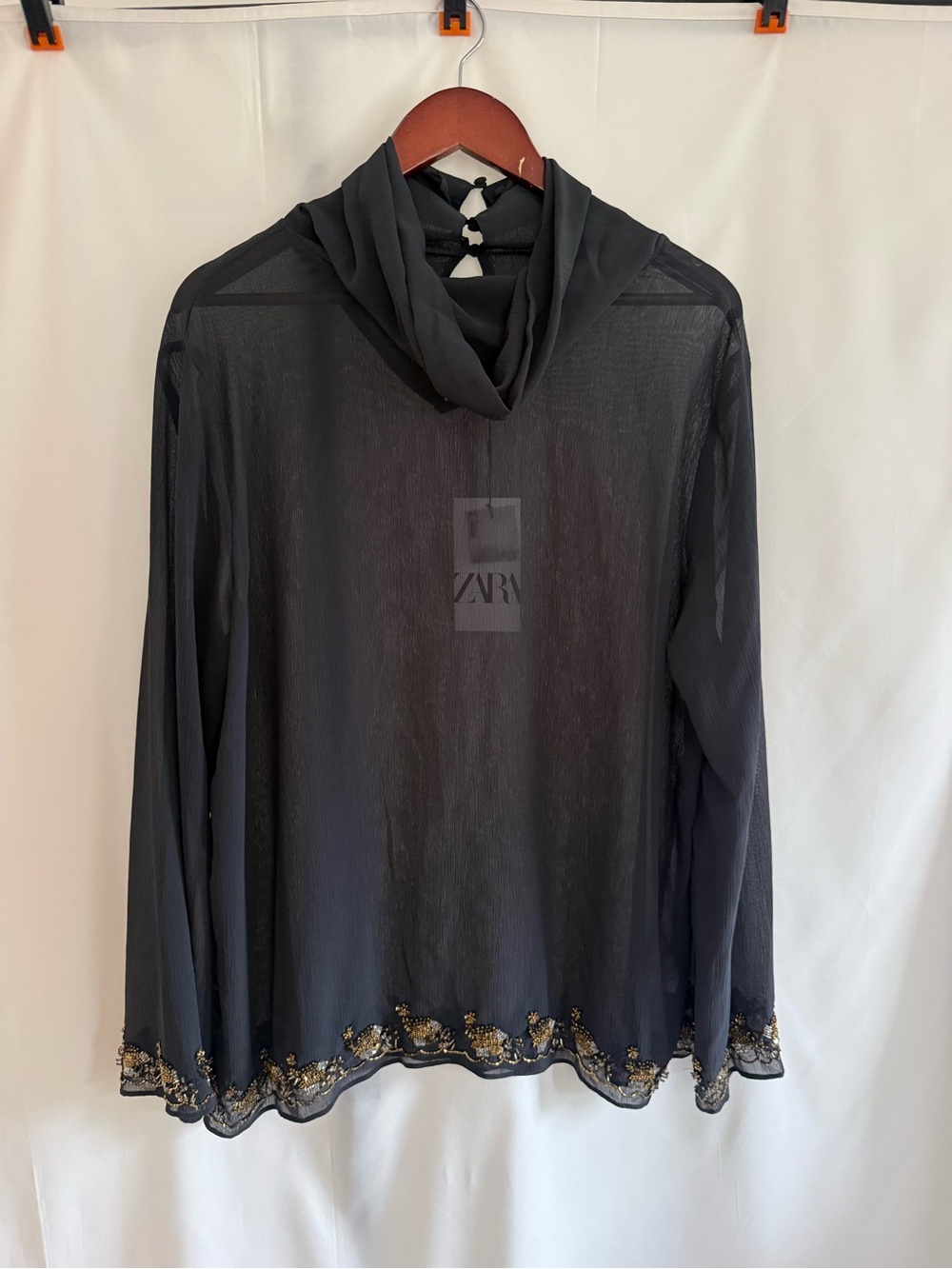 Zara Dark Grey Sheer Long-Sleeve Top with Gold Embroidered Hem